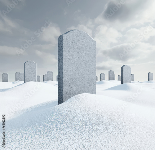 A serene scene of gravestones blanketed in snow, evoking a peaceful yet somber atmosphere in winter's chill.