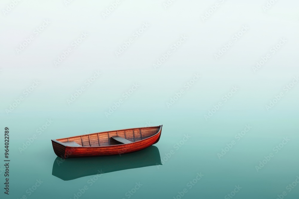 Naklejka premium A tranquil scene featuring a solitary boat floating gently on calm turquoise water, evoking peace and solitude.