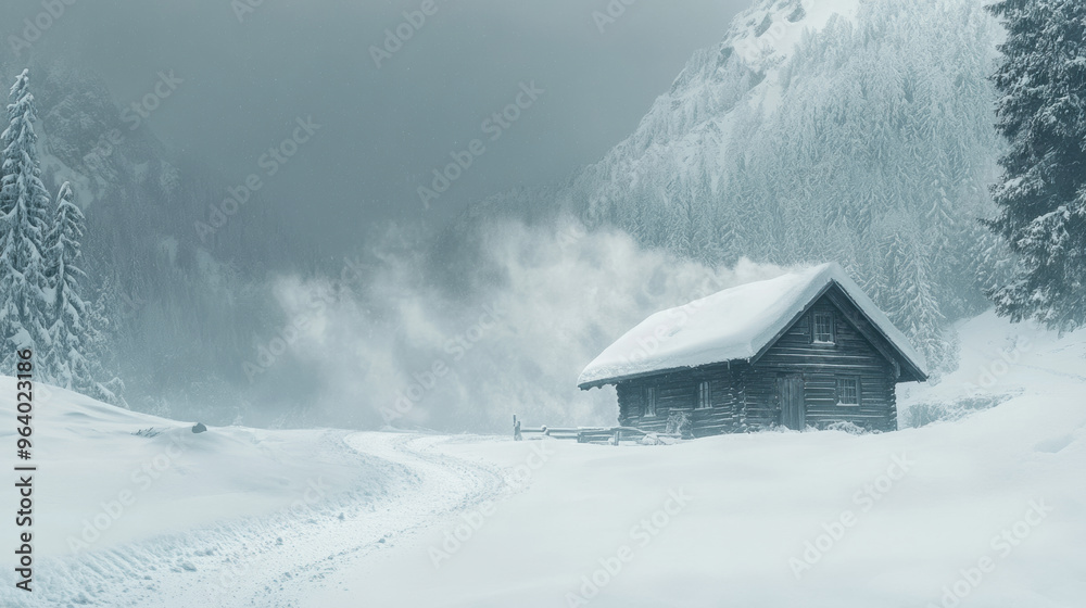 A snowstorm engulfing mountain cabin creates serene yet harsh winter landscape. scene captures beauty of nature in extreme weather conditions.