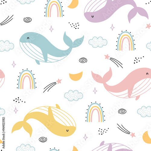 Adorable Whale and Rainbow Pattern Playful Pastel Design for Kids' Rooms