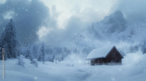 A snowstorm engulfing mountain cabin creates serene yet harsh winter landscape. scene captures beauty of nature amidst challenging weather conditions.