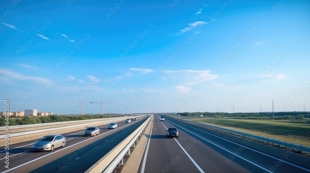 Fototapeta premium Bustling Highway Under Serene Blue Skies