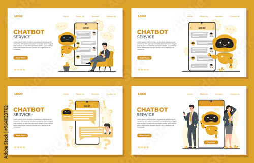 Chatbot landing page template. Flat vector illustration of chat bot ai concept