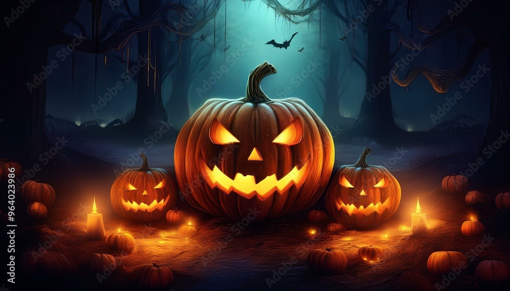 ハロウィンの夕闇で不気味に輝くジャックオーランタン ハロウィンの夕闇で不気味に輝くジャックオーランタン