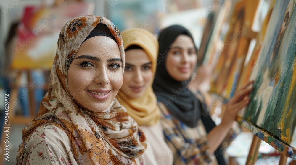 Middle Eastern women wearing hijab and their Asian and European friends attend a painting workshop to explore their creativity Middle Eastern women wearing hijab and their Asian and European friends attend a painting workshop to explore their creativity