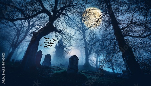 コウモリが舞う夜の森の墓、ハロウィン背景