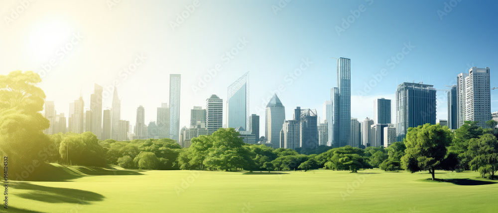 Obraz premium Urban Oasis: City Skyline and Park at Sunrise