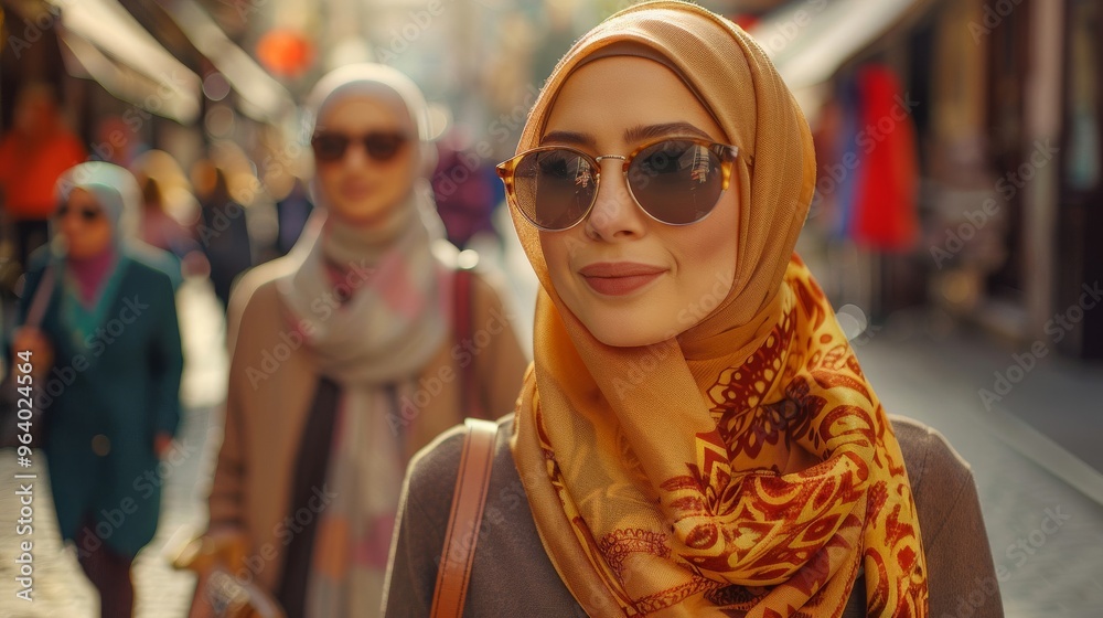 Middle Eastern women wearing hijab and their Asian and European friends go on a sightseeing tour of the city