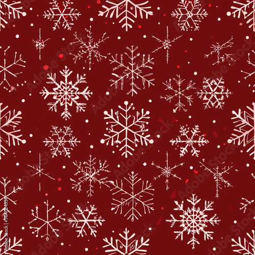 Seamless winter pattern with white snowflakes on a festive red background

