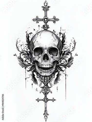 Artistic skull design with floral elements and cross. Perfect for edgy themes, tattoos, or gothic decor.