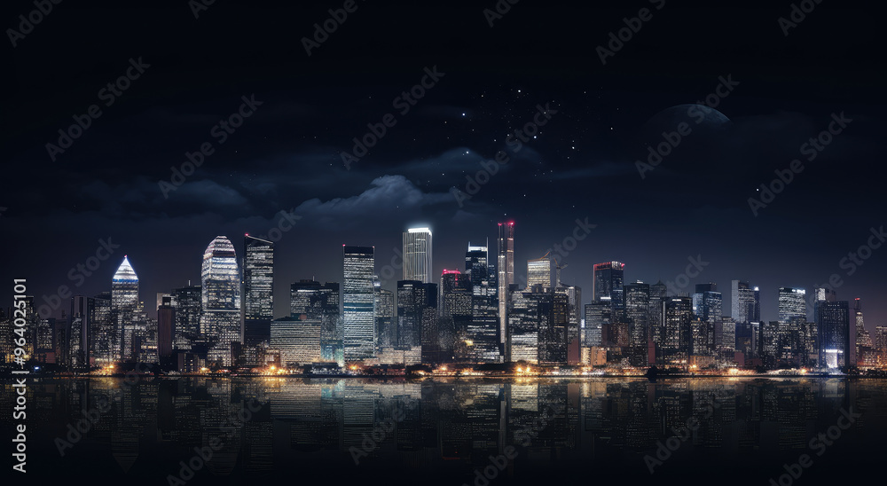 Obraz premium Urban Dreamscape: Night Skyline Reflections