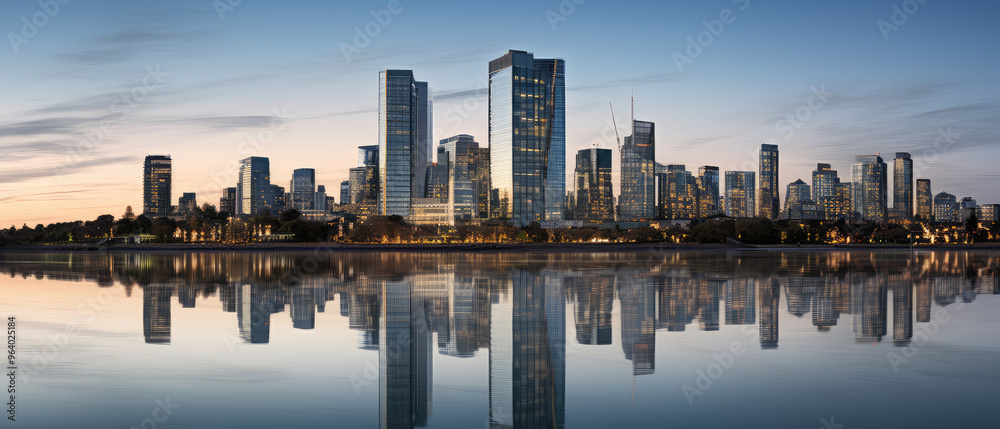 Obraz premium Serene Cityscape Reflection at Twilight