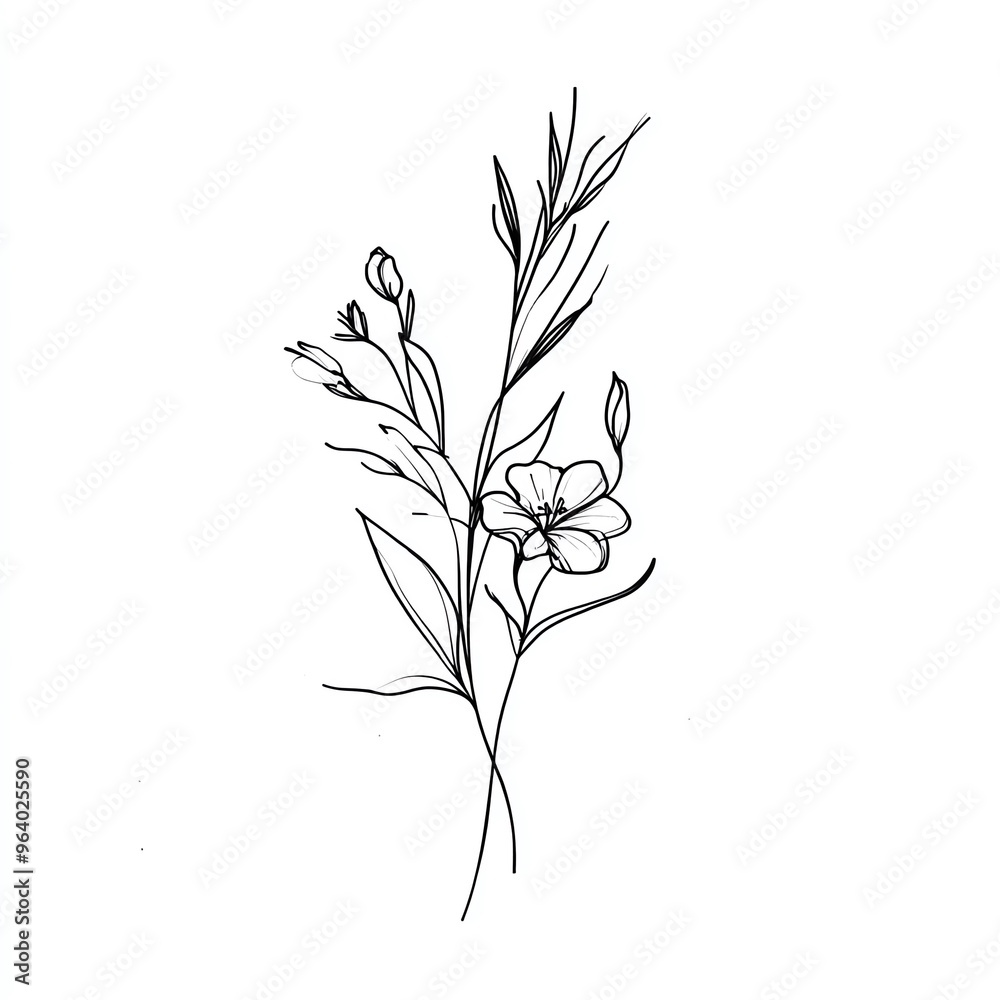 A delicate line art illustration of a flower and stems, perfect for botanical designs, invitations, or artistic decor. A delicate line art illustration of a flower and stems, perfect for botanical designs, invitations, or artistic decor.