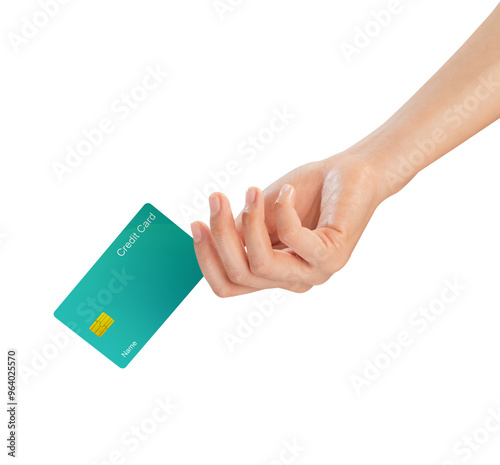 Hand holding credit card on isolated white background.