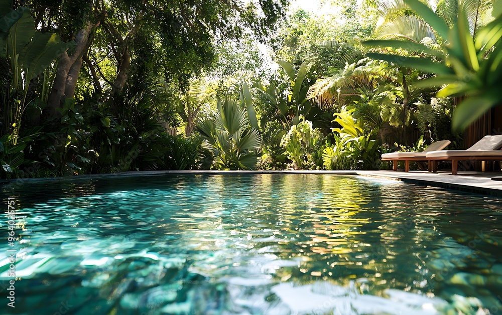 Serene Wellness Retreat: Refreshing Swim in Tranquil Pool Surrounded by Lush Greenery Serene Wellness Retreat: Refreshing Swim in Tranquil Pool Surrounded by Lush Greenery