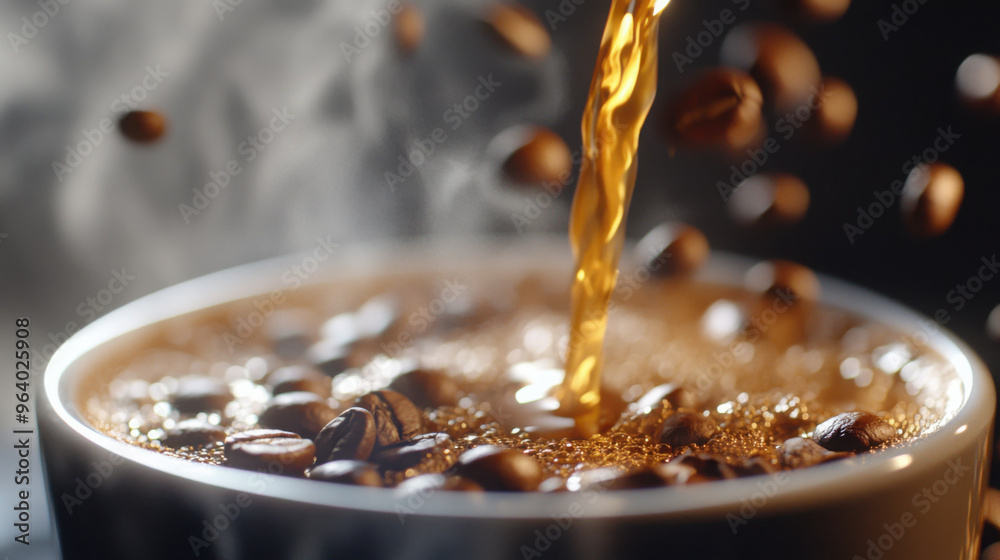 Fototapeta premium A close-up of coffee being poured into a cup, with steam rising and beans scattered around.