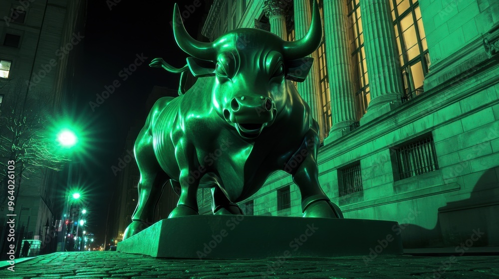 Fototapeta premium A striking view of a green illuminated bull statue, symbolizing strength and prosperity in a nighttime urban setting.