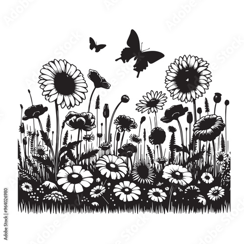 Wildflowers Clipart black vector, black color silhouette ,white colour background