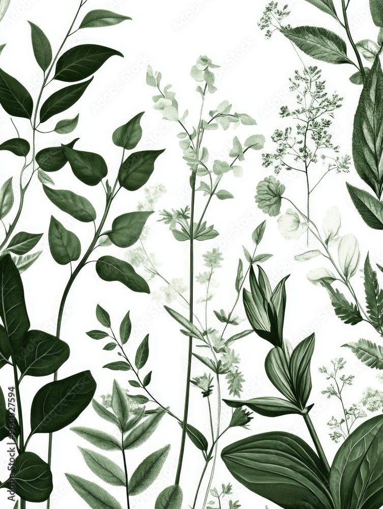 A painting of a bunch of green leaves and flowers. The painting is very detailed and has a lot of different types of leaves and flowers. The mood of the painting is peaceful and calming A painting of a bunch of green leaves and flowers. The painting is very detailed and has a lot of different types of leaves and flowers. The mood of the painting is peaceful and calming