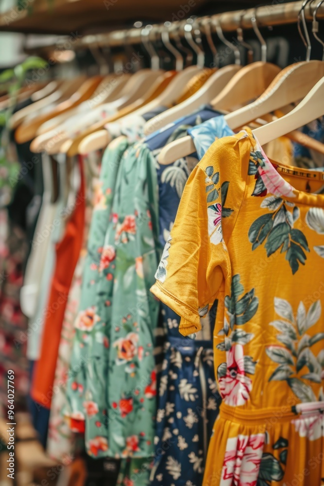 A rack of clothes with a yellow floral dress hanging from it. The clothes are colorful and floral, giving off a cheerful and lively vibe A rack of clothes with a yellow floral dress hanging from it. The clothes are colorful and floral, giving off a cheerful and lively vibe