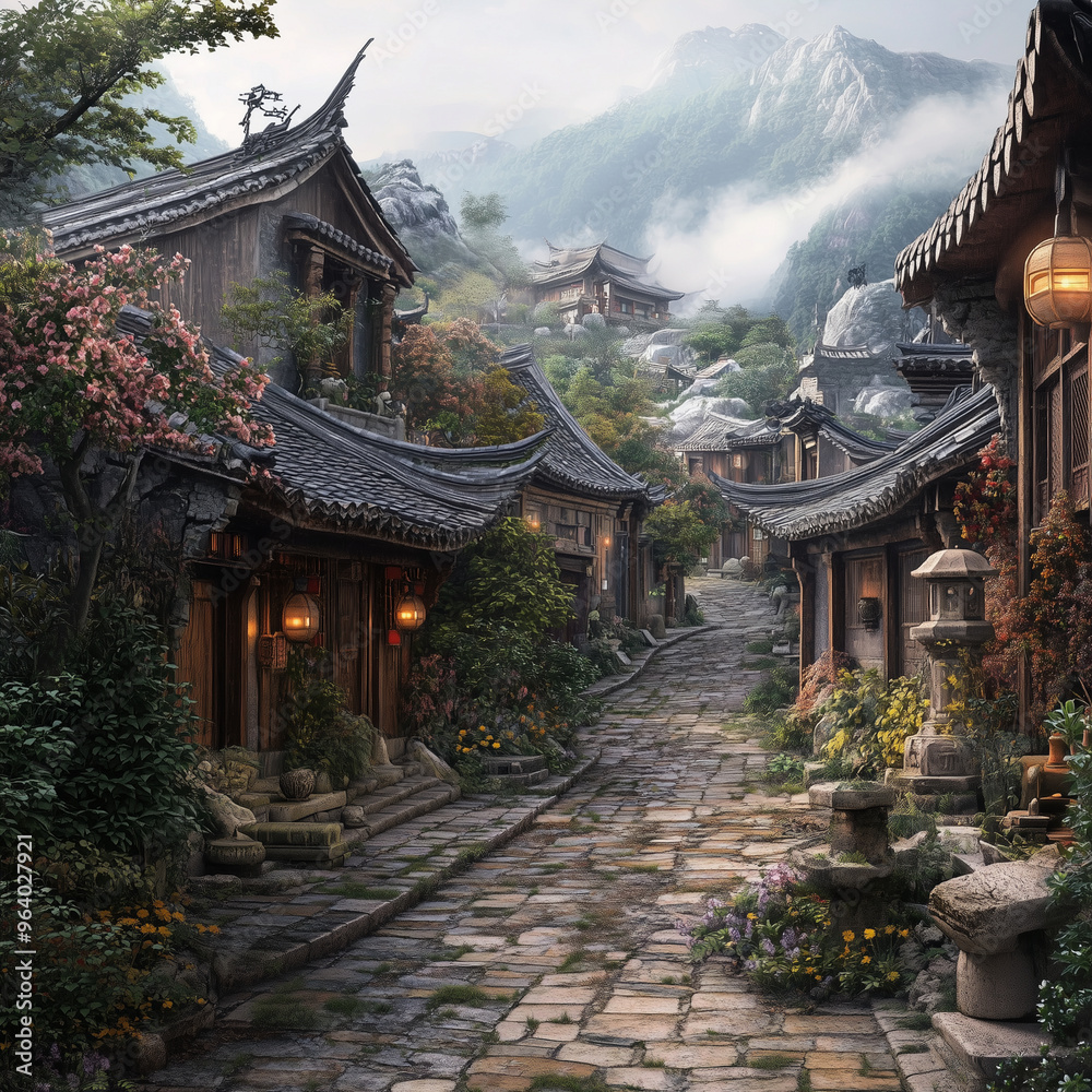 A tranquil scene of an ancient Chinese village featuring traditional clay houses with tiled roofs and wooden shutters, Asian house . A tranquil scene of an ancient Chinese village featuring traditional clay houses with tiled roofs and wooden shutters, Asian house .