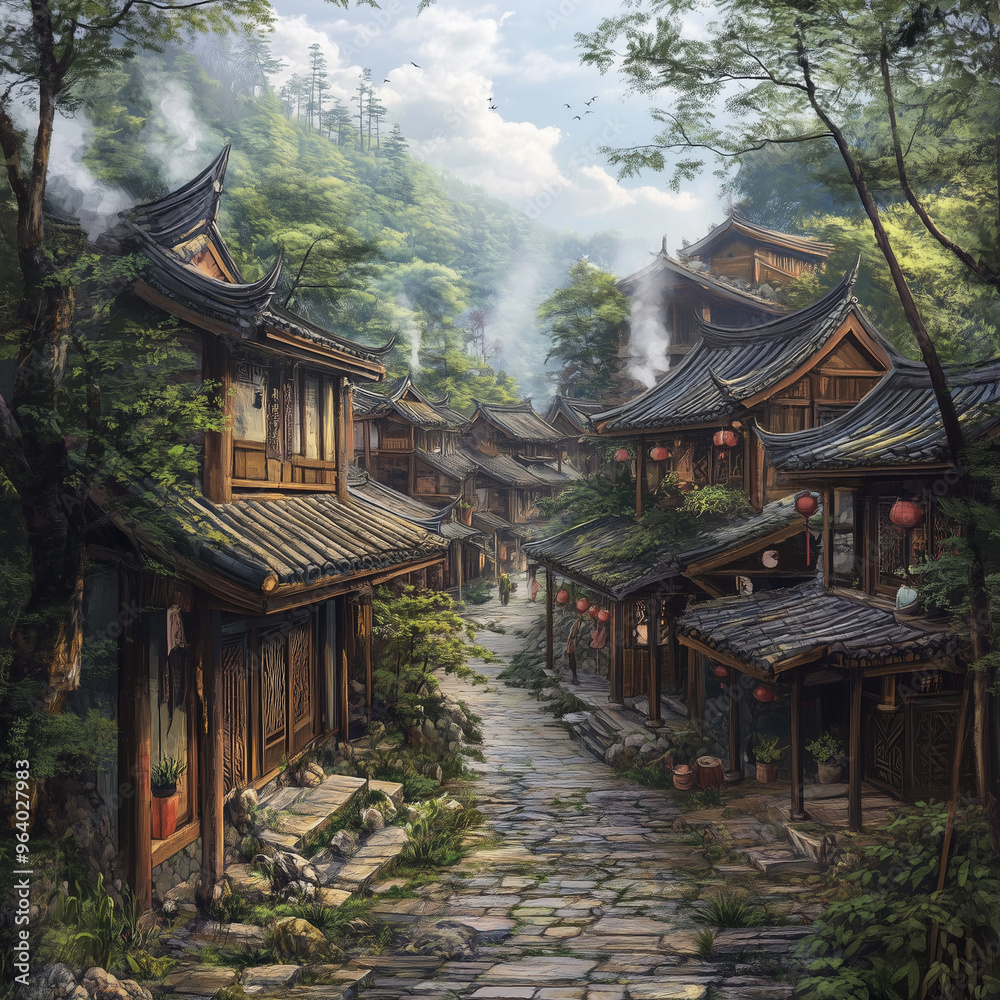 Fototapeta premium A tranquil scene of an ancient Chinese village featuring traditional clay houses with tiled roofs and wooden shutters, Asian house .