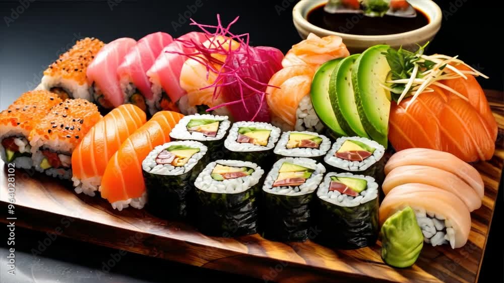 A vibrant assortment of fresh sushi rolls arranged on a wooden platter, A vibrant assortment of fresh sushi rolls arranged on a wooden platter,