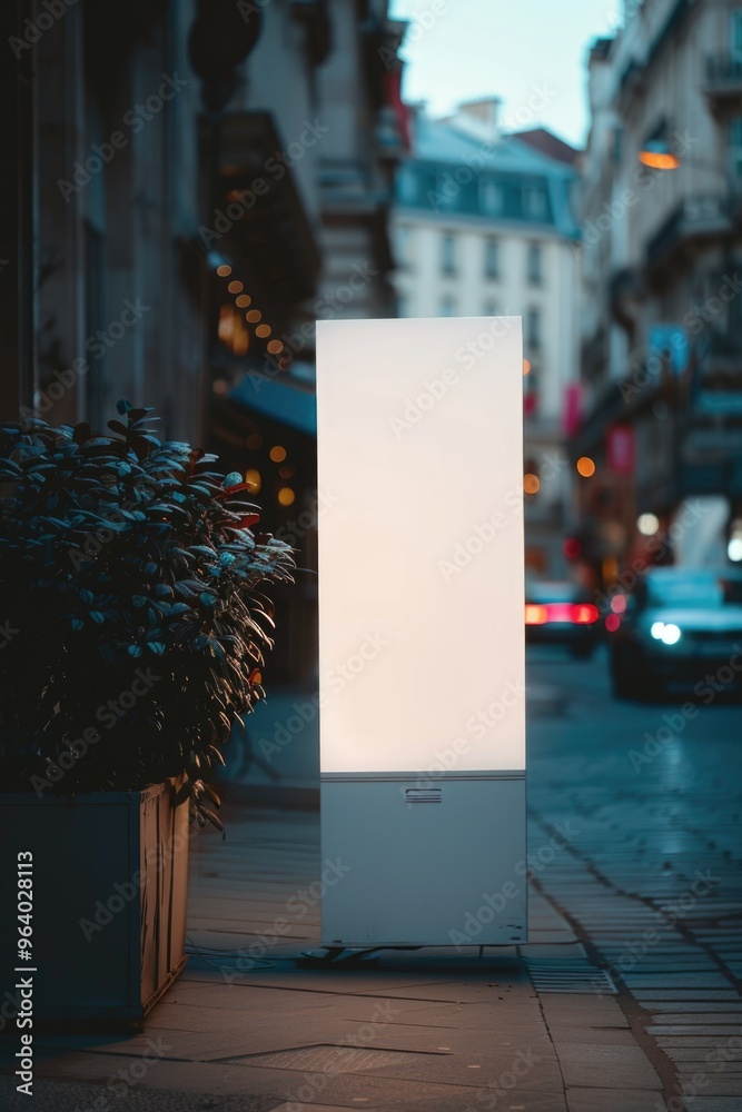 A white sign is standing on a sidewalk in front of a building. The sign is lit up, and the street is busy with cars and pedestrians. The scene has a modern and urban feel to it A white sign is standing on a sidewalk in front of a building. The sign is lit up, and the street is busy with cars and pedestrians. The scene has a modern and urban feel to it