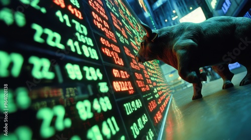 A dynamic depiction of a bull alongside a vibrant stock market display, symbolizing growth and financial optimism.
