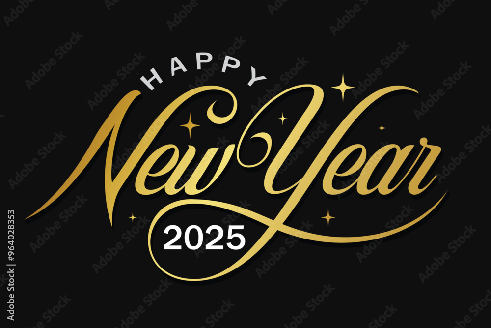 Gold color luxury New year logo with handwritten lettering greeting card to celebrate new year 2025. Elegant calligraphy cover, poster banner, flyer for Happy new year.