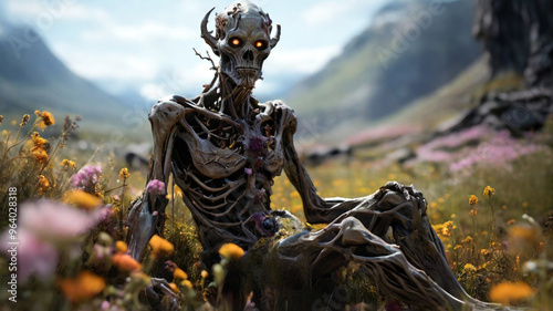  A skeleton sits in a field of flowers and grass, the skeleton is relaxed and at ease, with delicate wildflowers blooming around it, the grass is lush and green with a scattering of colourful petals. photo