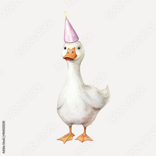 Duck wearing birthday party hat