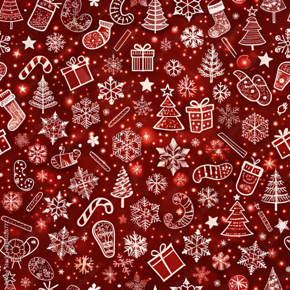 Festive Christmas pattern with gifts, snowflakes, and decorations on red background

