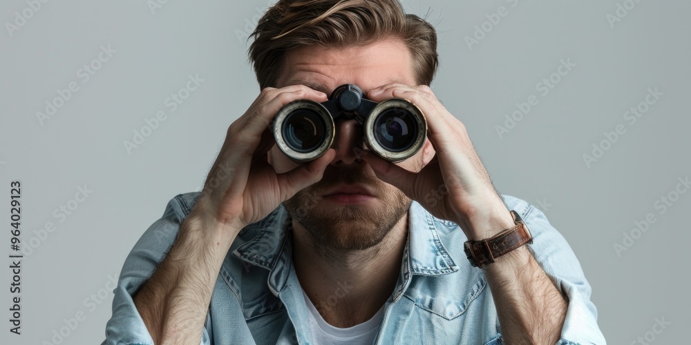 A man is looking through binoculars. He is wearing a watch and a blue shirt. The man is focused on something in the distance A man is looking through binoculars. He is wearing a watch and a blue shirt. The man is focused on something in the distance