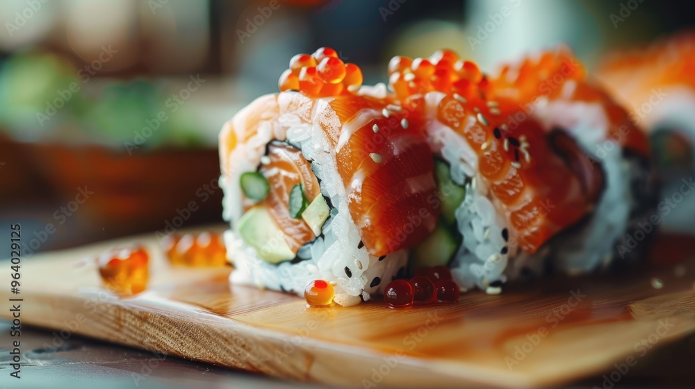 Close-up image of fresh sushi rolls topped with salmon and roe. The rolls sit on a wooden board with a blurred background, emphasizing a culinary concept. Close-up image of fresh sushi rolls topped with salmon and roe. The rolls sit on a wooden board with a blurred background, emphasizing a culinary concept.