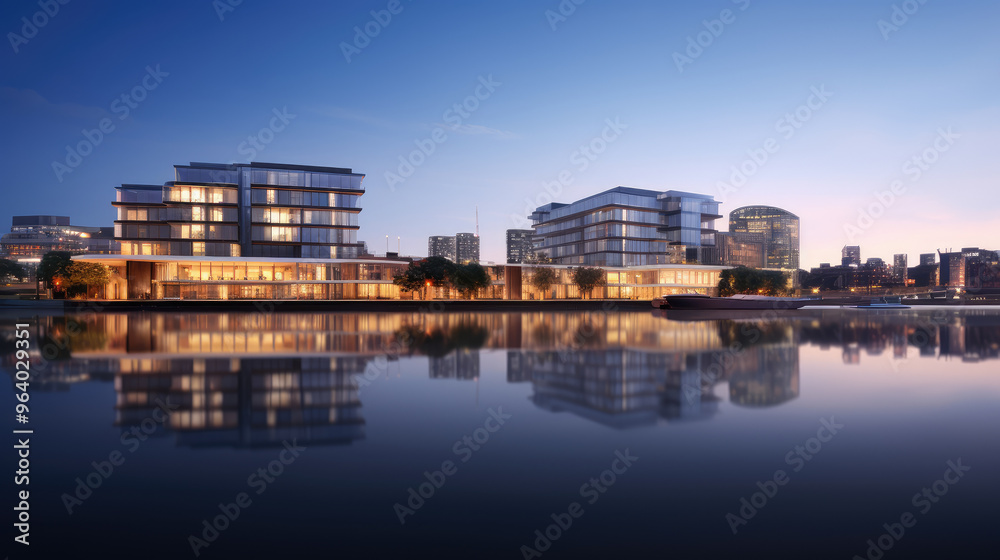 Fototapeta premium Serene Waterfront Modern Architecture at Twilight