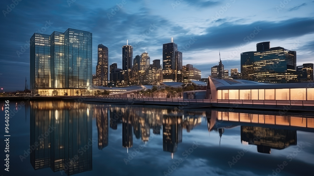 Naklejka premium Metropolitan Elegance: City Reflections at Twilight