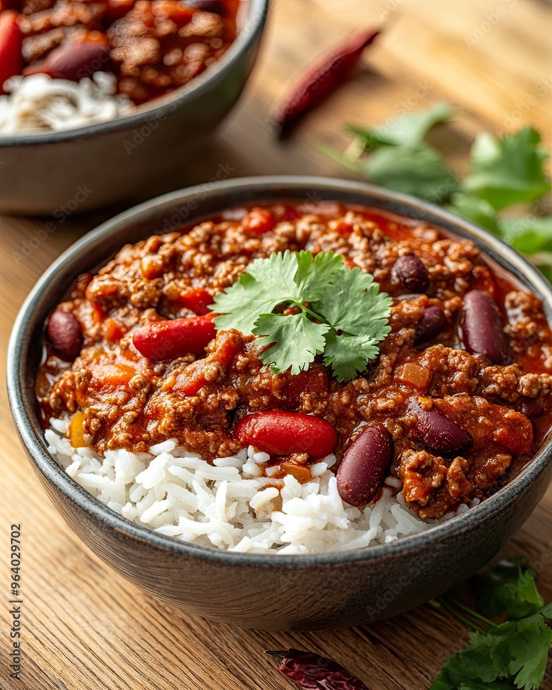 Hearty chili served over rice with fresh cilantro. Hearty chili served over rice with fresh cilantro.