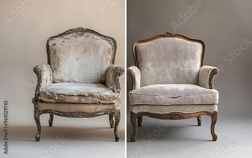 Contrast of Luxury and Wear: Split-Screen Chair Transformation in Gradient Background Texture photo