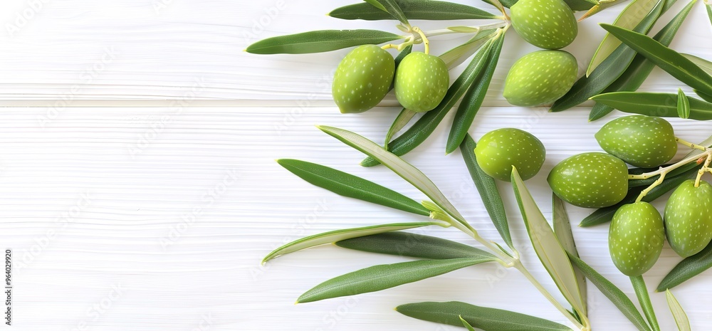 Green olives with leaves on a white wooden background. Olive branches with green fruit. Green olives with leaves on a white wooden background. Olive branches with green fruit.