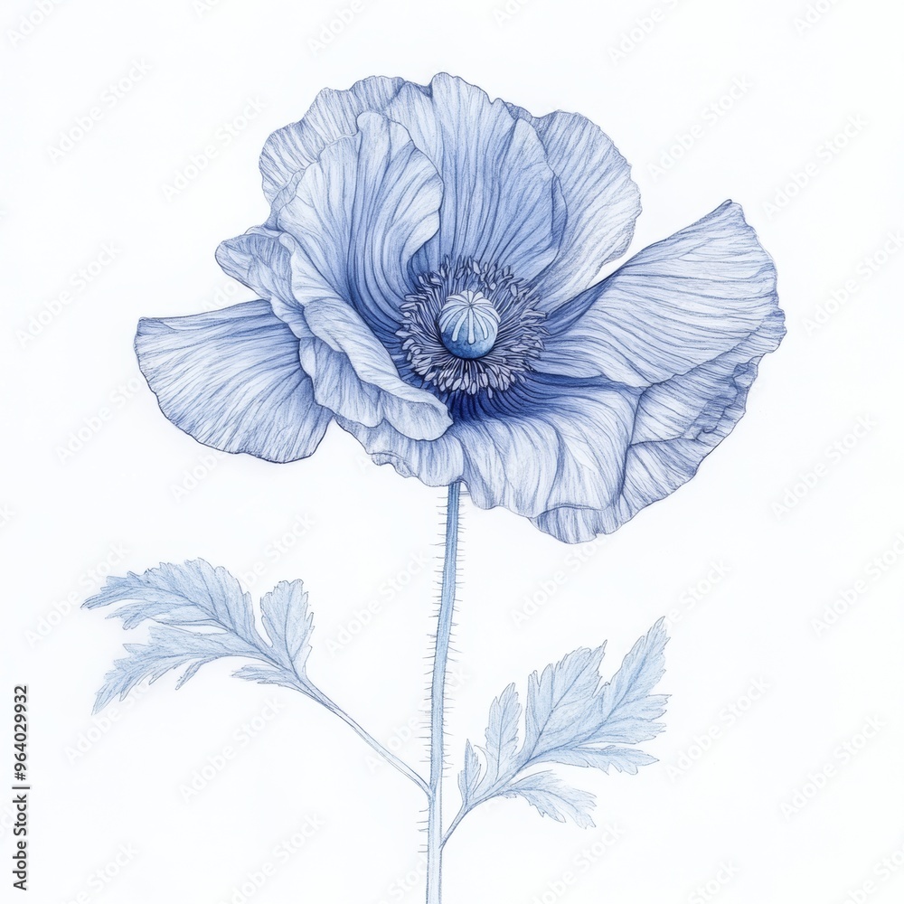 A detailed blue illustration of a poppy flower with leaves. A detailed blue illustration of a poppy flower with leaves.