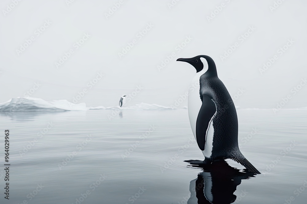 Obraz premium A solitary penguin stands on icy waters.
