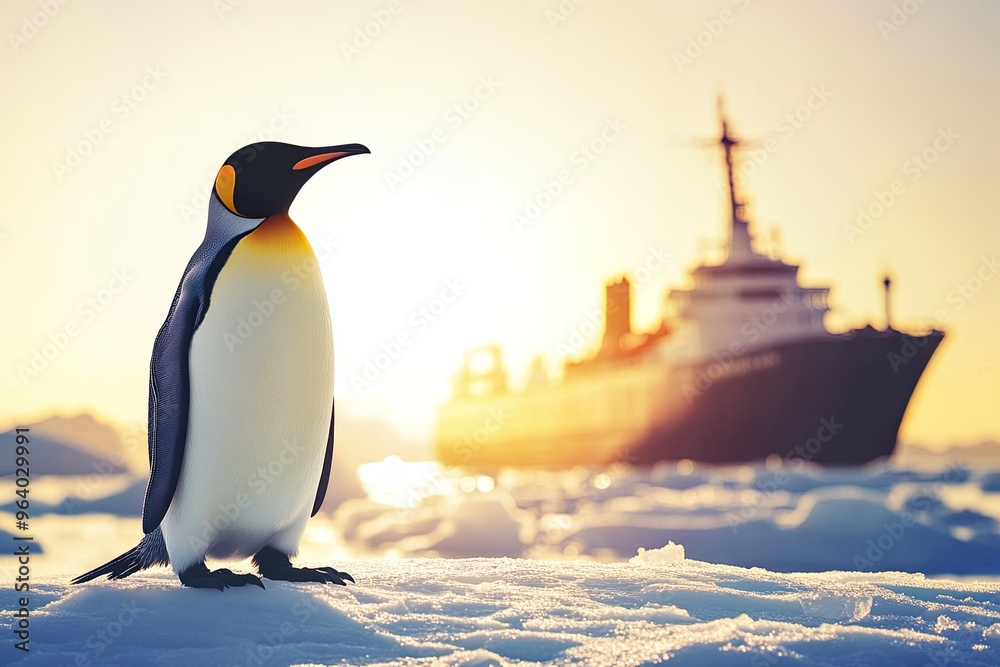Fototapeta premium Penguin on ice with a ship in the background.
