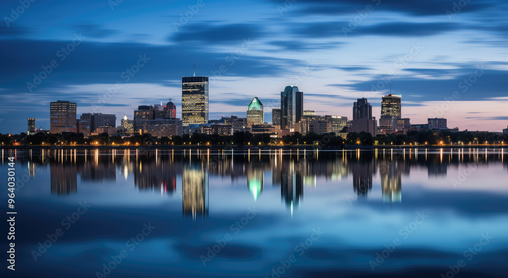 Serene City Skyline at Twilight Reflection Serene City Skyline at Twilight Reflection