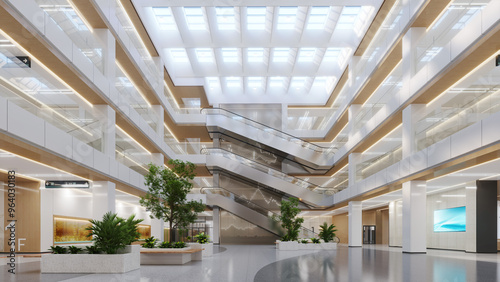 Esthetic and clean modern multi-level hospital lobby, reception and corridors. Private clinic waiting room.