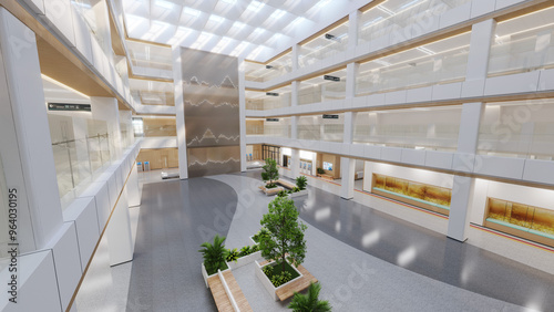 Esthetic and clean modern multi-level hospital lobby, reception and corridors. Private clinic waiting room.
