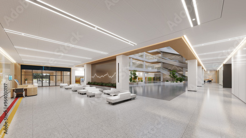 Esthetic and clean modern multi-level hospital lobby, reception and corridors. Private clinic waiting room.