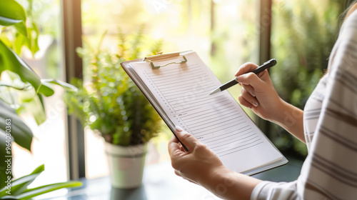 Person Holding Clipboard with Checklist Surrounded by Indoor Plants