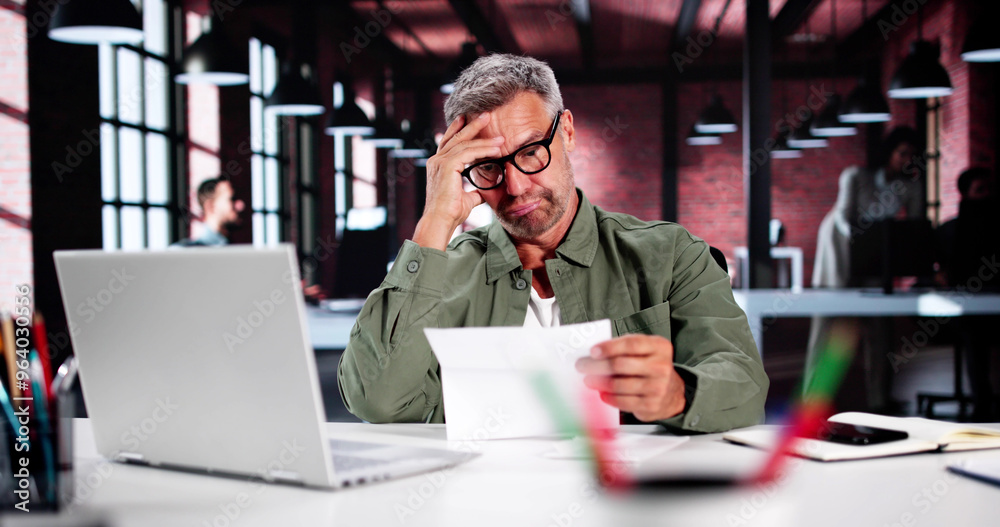 Shocked Businessman Reading Document At Desk Shocked Businessman Reading Document At Desk