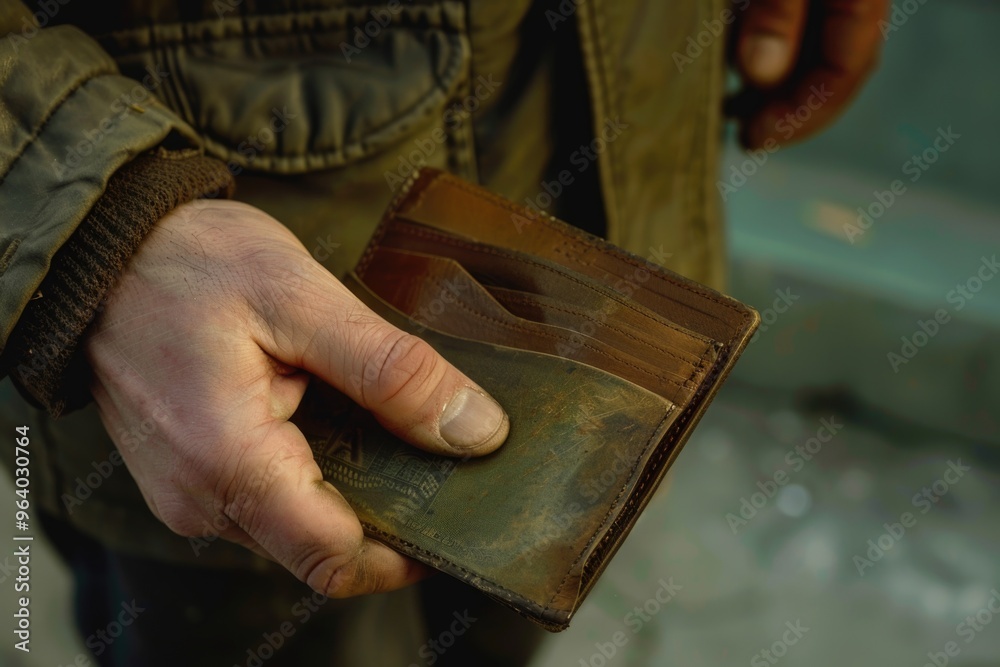 A man is holding a wallet in his hand. The wallet is brown and has a worn appearance. The man is wearing a brown jacket and he is in a cold environment A man is holding a wallet in his hand. The wallet is brown and has a worn appearance. The man is wearing a brown jacket and he is in a cold environment